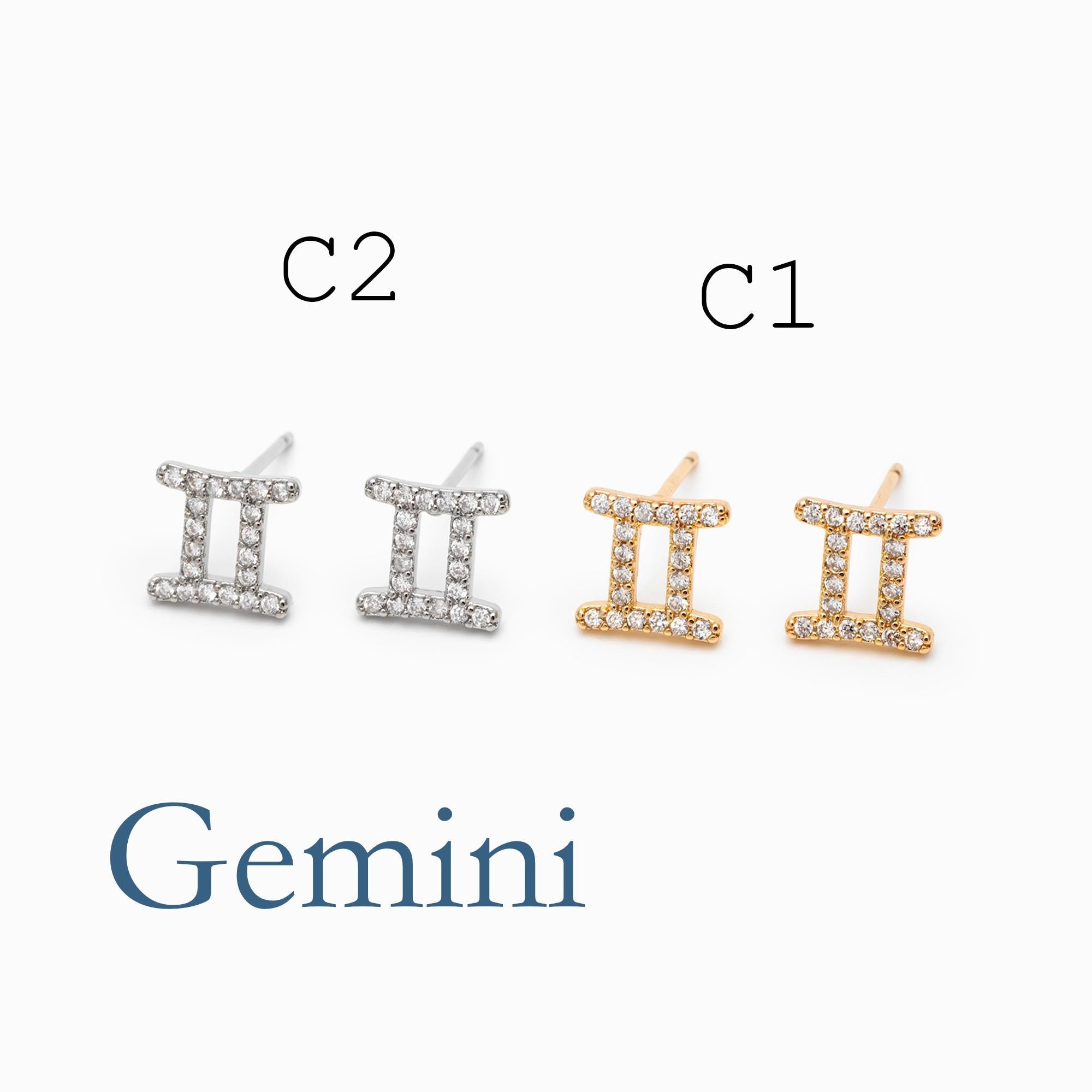 2pcs CZ pave Zodiac Constellation Stud Earrings, 18K Gold/ Rhodium plated Brass, Dainty Sign Earrings (GB-4768)